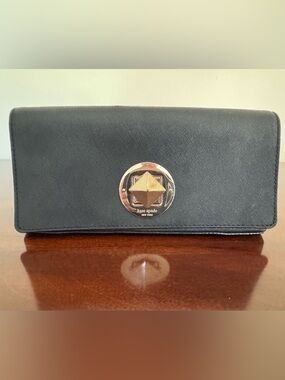 kate spade Black Saffiano Leather Clutch with Gold Pyramid Turn-Lock